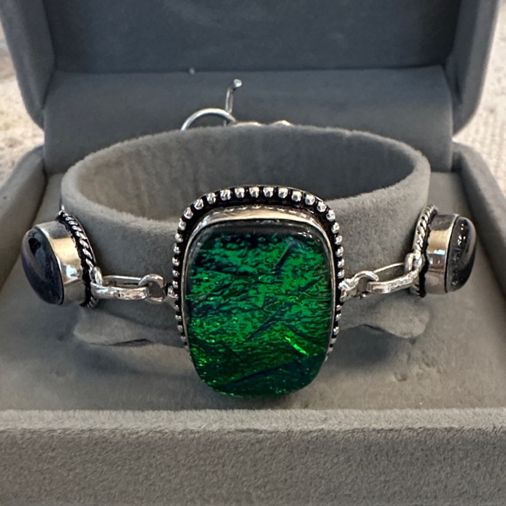Green and Blue Triplet Opal Sterling Silver Overlay Bracelet